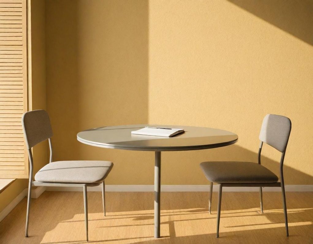 Two chairs and a notebook at a small table, symbolising collaborative mentoring dialogue.